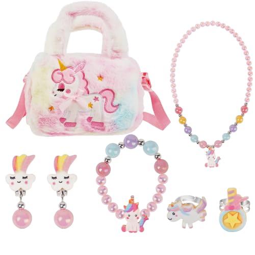 OSDUE Einhorn Handtasche, Einhörnern Kinderschmuck Halskette, Schmuckset für Mädchen, Unicorn Kette Halskette Armband Ring Schmuckset, für Party Dress Up Geschenk (7-Teiliges Set) von OSDUE