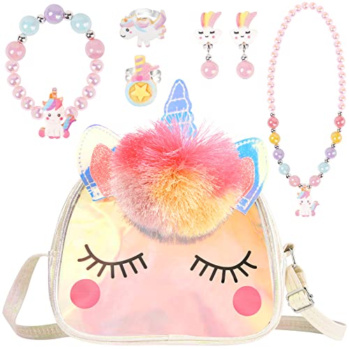 OSDUE Einhorn Handtaschen, Schmuckset für Mädchen, Unicorn Kette Halskette Armband Ring Schmuckset, für Party Dress Up Geschenk(Weiss) von OSDUE