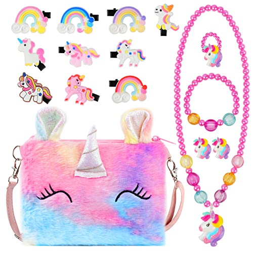 OSDUE Einhorn Handtaschen, Schmuckset für Mädchen, Unicorn Kette Halskette Armband Ring Schmuckset, für Party Dress Up Geschenk (16 PCS) von OSDUE