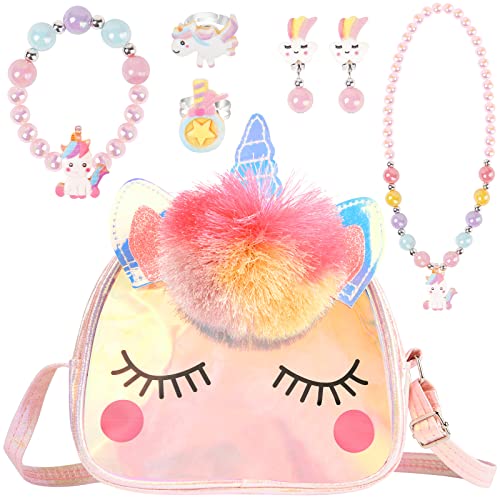 OSDUE Einhorn Handtaschen, Schmuckset für Mädchen, Unicorn Kette Halskette Armband Ring Schmuckset, für Party Dress Up Geschenk von OSDUE