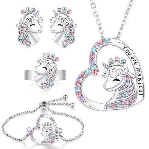 OSDUE Einhorn Schmuckset Mädchen, Einhorn Kinderschmuck Enthalten Halskette, Ringe, Armbänder, Ohrring, Schmuck Set für Party Dress Up Geschenk, Mit Bunter Geschenkbox (5 Stück) von OSDUE