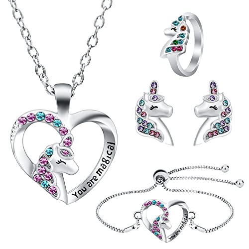 OSDUE Einhorn Schmuckset Mädchen, Einhorn Kinderschmuck Enthalten Halskette, Ringe, Armbänder, Ohrring, Schmuck Set für Party Dress Up Geschenk (5 Stück) von OSDUE
