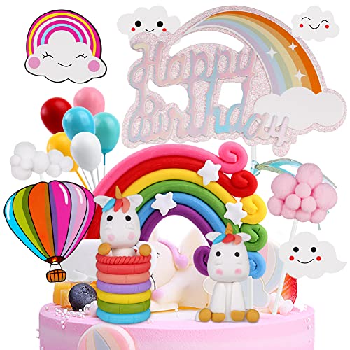 OSDUE Einhorn Tortendeko Geburtstag, Einhorn Kuchendeko, Macaron Kuchen Deko, Happy Birthday Tortendeko, Kuchen Topper Einhorn, Regenbogen, Happy Birthday, Wolke, Ballon für Kinder Mädchen Junge von OSDUE