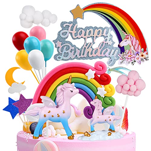 OSDUE Einhorn Tortendeko Geburtstag, Einhorn Kuchendeko, Macaron Kuchen Deko, Happy Birthday Tortendeko, Kuchen Topper Einhorn, Regenbogen, Happy Birthday, Wolke, Ballon für Kinder Mädchen Junge von OSDUE