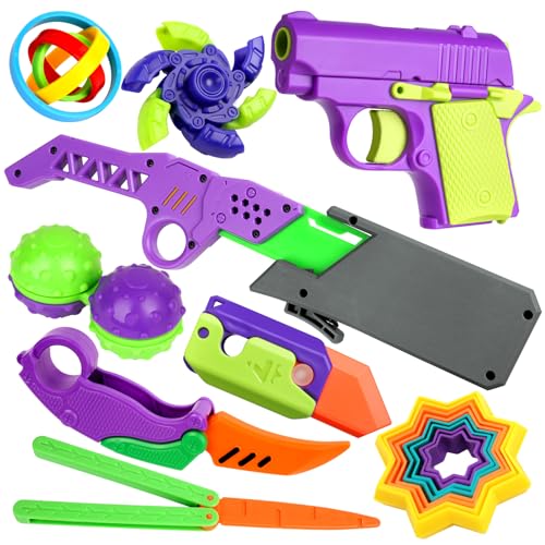 OSDUE Fidget Toy Pistole,9 Stück Fidget Spin Fingerspiele,Fidget Slider Anxiety Toys,Gravity Knife,Schaumstoff Pistole,3D Printed Mini Gun Toy,Rettich Knife Toy,Zappelspielzeug für Erwachsene Kinder von OSDUE