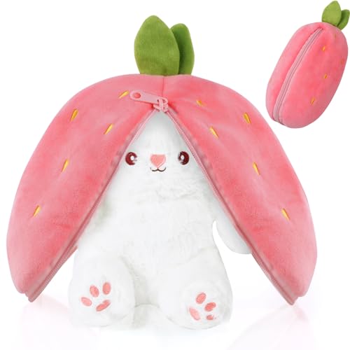 OSDUE Hasen Verstecken, Flip Plüsch Spielzeug, Plüschtier Hase, Hase Stofftier, Erdbeeren Karotten Hase mit Reißverschluss, Geburtstagsgeschenk für Jungen, Mädchen, Kinder(33cm Rot) von OSDUE