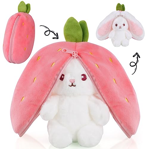 OSDUE Hasen Verstecken, Flip Plüsch Spielzeug, Plüschtier Hase, Hase Stofftier, Erdbeeren Karotten Hase mit Reißverschluss, Geburtstagsgeschenk für Jungen, Mädchen, Kinder(23cm Rot) von OSDUE