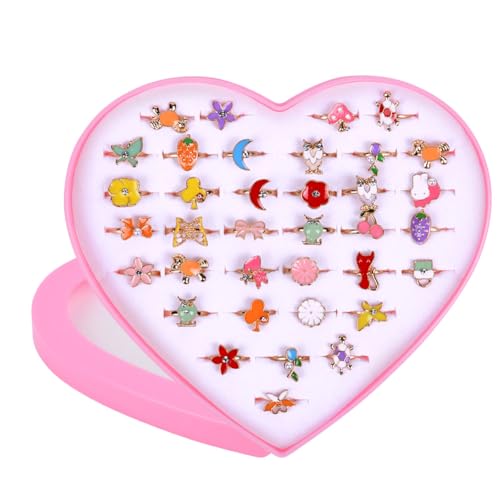 OSDUE Kinderringe Set, 36 Stück Einstellbare Ringe für Mädchen, Keine Vervielfältigung, Kindergeburtstag, Baby, Teenager, Partybevorzugung, Spielschmuck von OSDUE