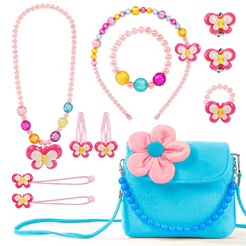 OSDUE Kleine Mädchen Plüsch Handtaschen, Schmuckset für Mädchen, Kette Halskette Armband Ring Schmuckset, Süße Plüsch Handtasche für Party Dress Up Geschenk(Blau) von OSDUE