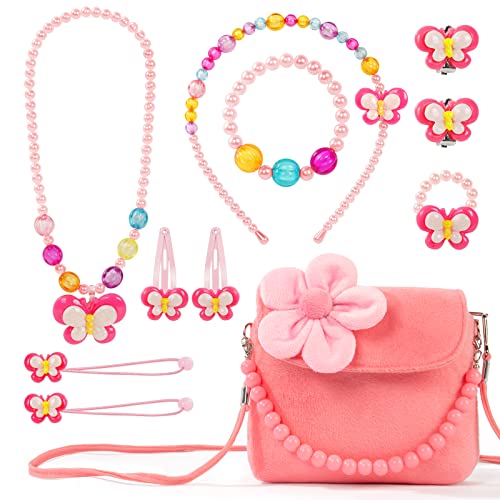 OSDUE Kleine Mädchen Plüsch Handtaschen, Schmuckset für Mädchen, Kette Halskette Armband Ring Schmuckset, Süße Plüsch Handtasche für Party Dress Up Geschenk(Rosa) von OSDUE