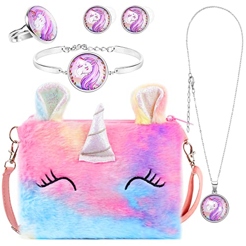 OSDUE Plüsch Einhorn Handtaschen, Schmuckset für Mädchen, Unicorn Kette Halskette Armband Ring Schmuckset, für Party Dress Up Geschenk von OSDUE