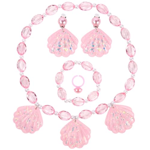 OSDUE Rosa Muschel Schmuckset Mädchen, Rosa Kristallschmuck, Muschel Kinderschmuck Enthalten Halskette, Ringe, Armbänder, Ohrring, Kinderschmuck Set für Party Dress Up Geschenk von OSDUE