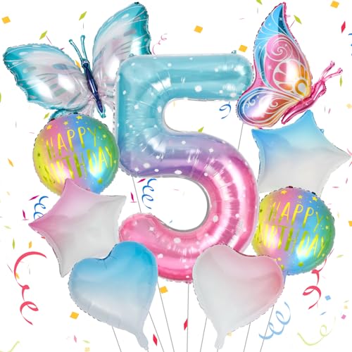 OSDUE Schmetterling Folienballon 5., Großer Schmetterlingsballons, Bunt Schmetterlinge Geburtstagsdeko 5 Jahre Mädchen, Zahl 5 Luftballon Rosa, 5. Kinder Mädchen Geburtstag Schmetterling Themen Party von OSDUE