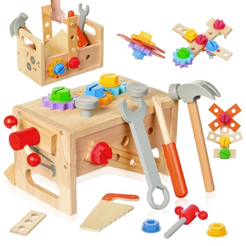 OSDUE Werkzeugkoffer Kinder Spielzeug, Montessori Spielzeug Junge Mädchen Holzspielzeug Werkzeugkasten, Kinderwerkzeug Lernspielzeug Werkzeug Koffer Kinder Kinderspielzeug Spiele ab 3 4 5 6 Jahren von OSDUE