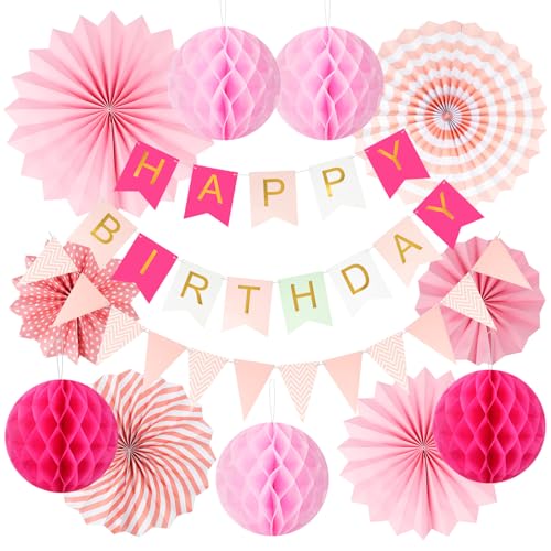 OSDUE Wiederverwendbare Geburtstagsdeko, 26 Stück Regenbogen Partydekoration Set Happy Birthday Girlande Wimpelkette Wabenbälle Papierfächer Wiederverwendbare Party Deko für Männer Frauen (Rosa) von OSDUE