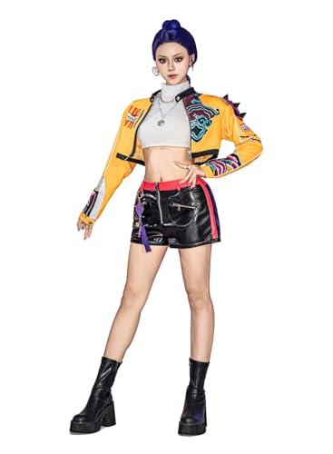 OSIAS Damen Rumi Cosplay-Kostüm mit Leder-Stretch-Shorts und gepolsterter Schulterjacke (L) von OSIAS