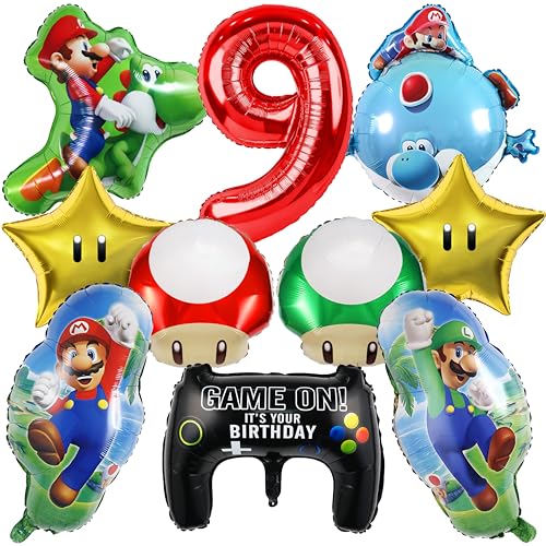 OSOFREE 10 Stück Supe Mari Geburtstagsdeko 9 Jahre Junge, Supe Mari Luftballons Deko, Folienballon Set, Geburtstag Party Deko Ballons Set für Kinder (9) von OSOFREE
