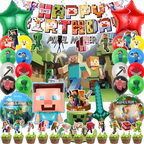 OSOFREE 55 Stück Pixe Geburtstagsdeko Junge, Luftballons Kindergeburtstag, Videospiel Deko Geburtstag Party Set für Kinder (A) von OSOFREE