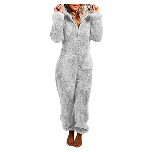 Flauschiger Fleece-Einteiler für Damen, Einteiler mit Kapuze, Plüsch, Winter, warm, Teddy, Overall, Halloween, Cosplay, Kostüm für Erwachsene und Jugendliche (11 Grau, Größe 4XL) von OSRDFV