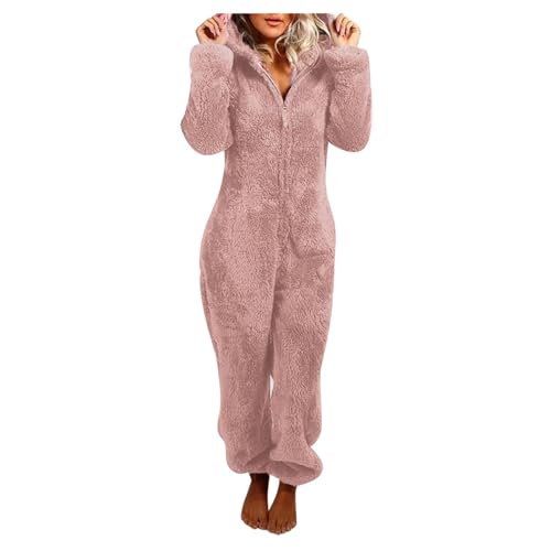 Flauschiger Fleece-Einteiler für Damen, Einteiler mit Kapuze, Plüsch, Winter, warm, Teddy, Overall, Halloween, Cosplay, Kostüm für Erwachsene und Jugendliche (11 Pink, XL) von OSRDFV
