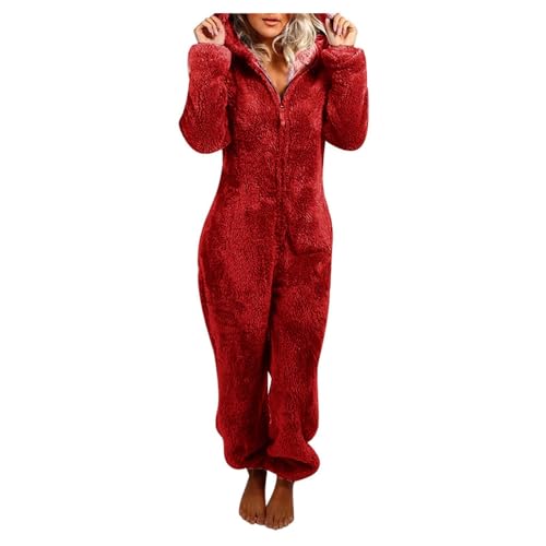 Flauschiger Fleece-Einteiler für Damen, Einteiler mit Kapuze, Plüsch, Winter, warm, Teddy, Overall, Halloween, Cosplay, Kostüm für Erwachsene und Jugendliche (11 Rot, M) von OSRDFV