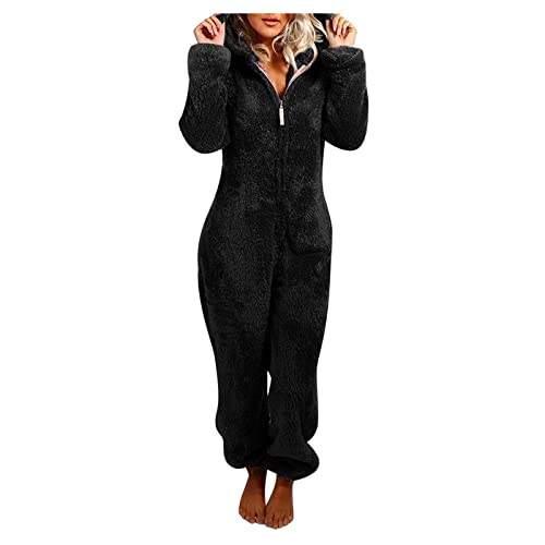 Flauschiger Fleece-Einteiler für Damen, Einteiler mit Kapuze, Plüsch, Winter, warm, Teddy, Overall, Halloween, Cosplay, Kostüm für Erwachsene und Jugendliche (11 Schwarz, Größe 3XL) von OSRDFV