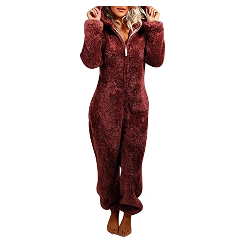 Flauschiger Fleece-Einteiler für Damen, Einteiler mit Kapuze, Plüsch, Winter, warm, Teddy, Overall, Halloween, Cosplay, Kostüm für Erwachsene und Jugendliche (11 Weinrot, Größe 3XL) von OSRDFV