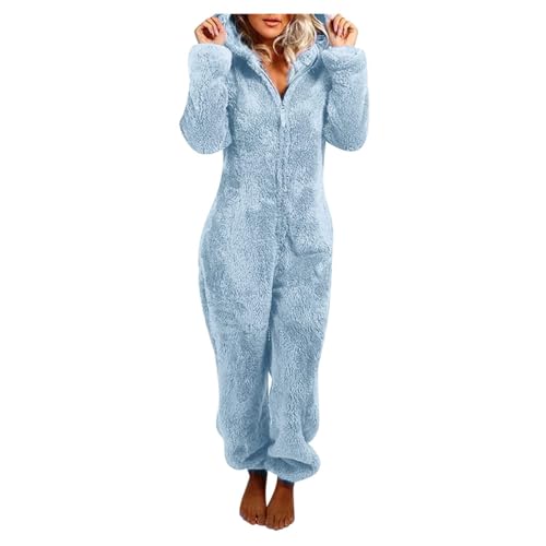 Flauschiger Fleece-Einteiler für Damen, Einteiler mit Kapuze, Plüsch, Winter, warm, Teddy, Overall, Halloween, Cosplay, Kostüm für Erwachsene und Jugendliche (12 Blau, 5XL) von OSRDFV