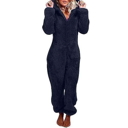 Flauschiger Fleece-Einteiler für Damen, Einteiler mit Kapuze, Plüsch, Winter, warm, Teddy, Overall, Halloween, Cosplay, Kostüm für Erwachsene und Jugendliche (12 Marineblau, 5XL) von OSRDFV