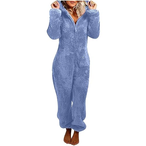 Flauschiger Fleece-Einteiler für Damen, Einteiler mit Kapuze, Plüsch, Winter, warm, Teddy, Overall, Halloween, Cosplay, Kostüm für Erwachsene und Jugendliche (14 Blau, M) von OSRDFV
