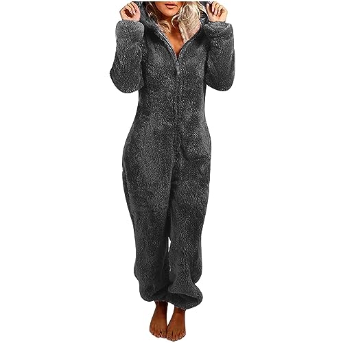 Flauschiger Fleece-Einteiler für Damen, Einteiler mit Kapuze, Plüsch, Winter, warm, Teddy, Overall, Halloween, Cosplay, Kostüm für Erwachsene und Jugendliche (14 Dunkelgrau, S) von OSRDFV