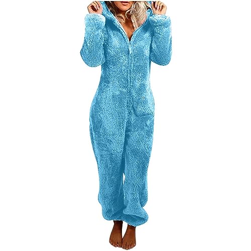 Flauschiger Fleece-Einteiler für Damen, Einteiler mit Kapuze, Plüsch, Winter, warm, Teddy, Overall, Halloween, Cosplay, Kostüm für Erwachsene und Jugendliche (15 Himmelblau, XXL) von OSRDFV