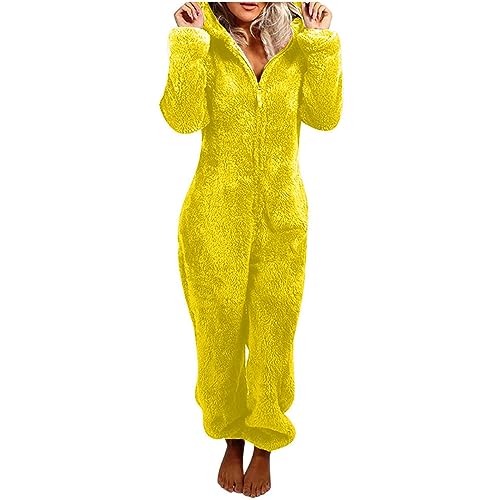Flauschiger Fleece-Einteiler für Damen, Einteiler mit Kapuze, Plüsch, Winter, warm, Teddy, Overall, Halloween, Cosplay, Kostüm für Erwachsene und Jugendliche (16 Gelb, Größe 5XL) von OSRDFV