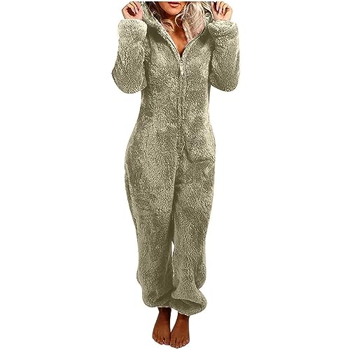 Flauschiger Fleece-Einteiler für Damen, Einteiler mit Kapuze, Plüsch, Winter, warm, Teddy, Overall, Halloween, Cosplay, Kostüm für Erwachsene und Jugendliche (16 Grau, S) von OSRDFV