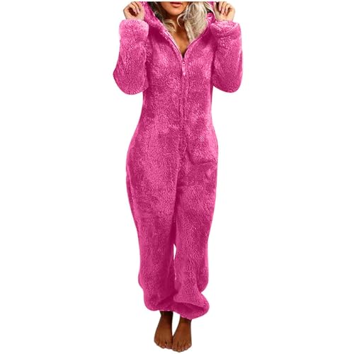Flauschiger Fleece-Einteiler für Damen, Einteiler mit Kapuze, Plüsch, Winter, warm, Teddy, Overall, Halloween, Cosplay, Kostüm für Erwachsene und Jugendliche (16 Hot Pink, M) von OSRDFV