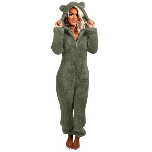 Flauschiger Fleece-Einteiler für Damen, Einteiler mit Kapuze, Plüsch, Winter, warm, Teddy, Overall, Halloween, Cosplay, Kostüm für Erwachsene und Jugendliche (17 A, Grün, XL) von OSRDFV