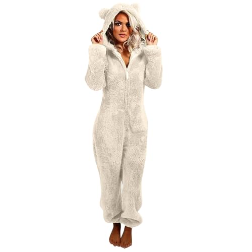 Flauschiger Fleece-Einteiler für Damen, Einteiler mit Kapuze, Plüsch, Winter, warm, Teddy, Overall, Halloween, Cosplay, Kostüm für Erwachsene und Jugendliche (17 Beige, 3XL) von OSRDFV
