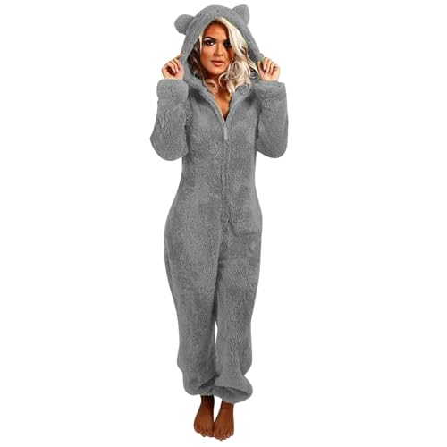 Flauschiger Fleece-Einteiler für Damen, Einteiler mit Kapuze, Plüsch, Winter, warm, Teddy, Overall, Halloween, Cosplay, Kostüm für Erwachsene und Jugendliche (18 Grau, M) von OSRDFV