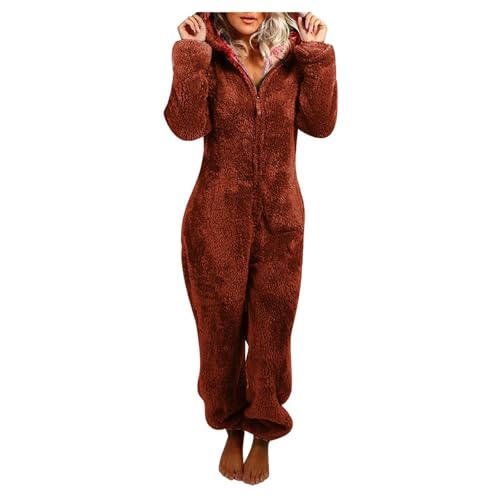 Flauschiger Fleece-Einteiler für Damen, mit Kapuze, Plüsch, einteiliger Pyjama, Winter, warm, Teddy, Overall, Halloween, Cosplay, Kostüm für Erwachsene und Jugendliche (11 Kaffee, XL) von OSRDFV