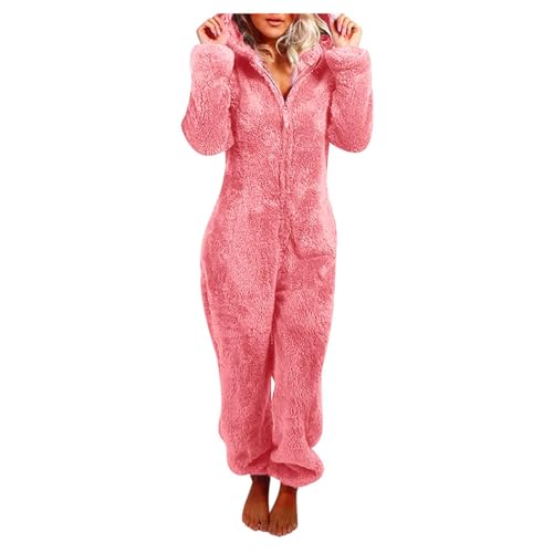 Flauschiger Fleece-Einteiler für Damen, mit Kapuze, Plüsch, einteiliger Pyjama, Winter, warm, Teddy, Overall, Halloween, Cosplay, Kostüm für Erwachsene und Jugendliche (11 Rosa, Rot, XXL) von OSRDFV