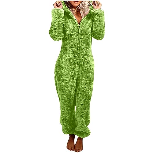 Flauschiger Fleece-Einteiler für Damen, mit Kapuze, Plüsch, einteiliger Pyjama, Winter, warm, Teddy, Overall, Halloween, Cosplay, Kostüm für Erwachsene und Jugendliche (15 Grün, XXL) von OSRDFV