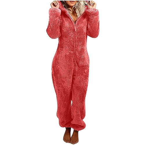 Flauschiger Fleece-Einteiler für Damen, mit Kapuze, Plüsch, einteiliger Pyjama, Winter, warm, Teddy, Overall, Halloween, Cosplay, Kostüm für Erwachsene und Jugendliche (15 Pink Red, XL) von OSRDFV
