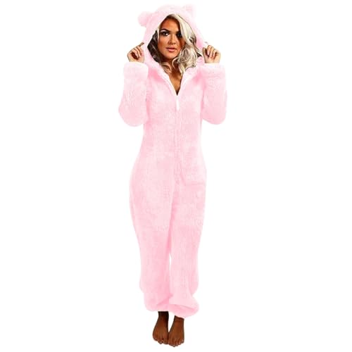 Flauschiger Fleece-Einteiler für Damen, mit Kapuze, Plüsch, einteiliger Pyjama, Winter, warm, Teddy, Overall, Halloween, Cosplay, Kostüm für Erwachsene und Jugendliche (17 Rosa, XXL) von OSRDFV