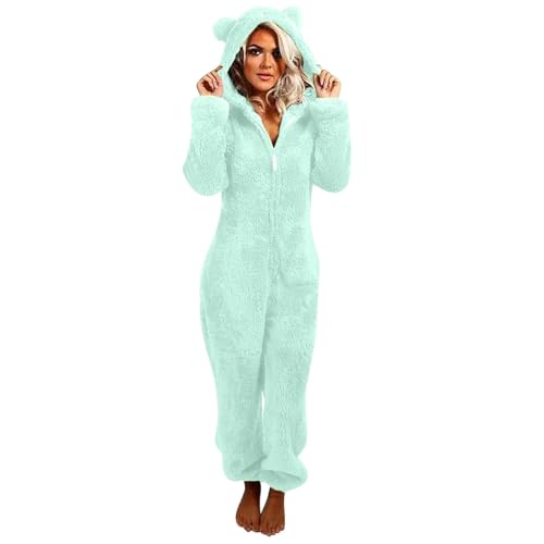 Flauschiger Fleece-Einteiler für Damen, mit Kapuze, Plüsch, einteiliger Pyjama, Winter, warm, Teddy, Overall, Halloween, Cosplay, Kostüm für Erwachsene und Jugendliche (18 M, Grün, L) von OSRDFV