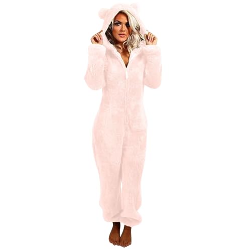 Flauschiger Fleece-Einteiler für Damen, mit Kapuze, Plüsch, einteiliger Pyjama, Winter, warm, Teddy, Overall, Halloween, Cosplay, Kostüm für Erwachsene und Jugendliche (18 Rosa, Größe 3XL) von OSRDFV