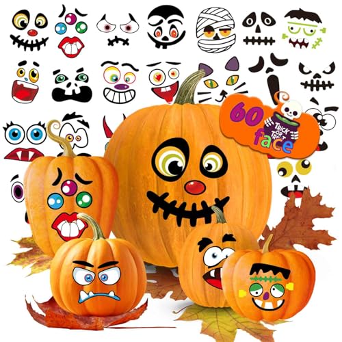 60 Stück Halloween-Kürbis-Dekorationsaufkleber, 60 Kürbis-Gesichtsaufkleber für Kinder, Kleinkinder, Halloween-Partyzubehör, Partyzubehör, Süßes oder Leckerei-Geschenke (12 Blatt) von OTAITY