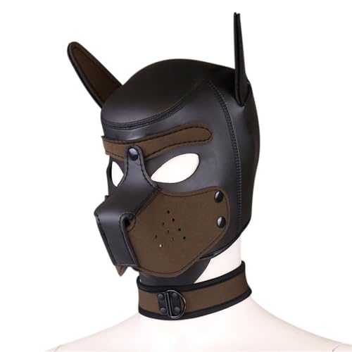 Neopren-Welpen-Kapuzenmaske mit Halsband, abnehmbare Cosplay-Hunde-Vollgesichts-Welpen-Haubenmaske, Halloween-Maske (Braun, groß) von OTEXIFIF
