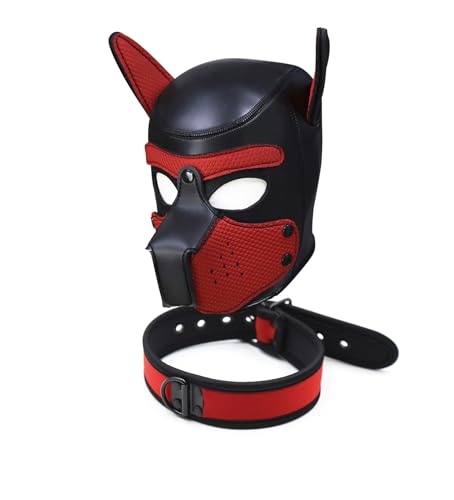Neopren Welpen-Kapuzenmaske mit Halsband, abnehmbare Cosplay-Hunde-Vollgesichts-Welpen-Haubenmaske, Halloween-Maske (Rot, X-Large) von OTEXIFIF