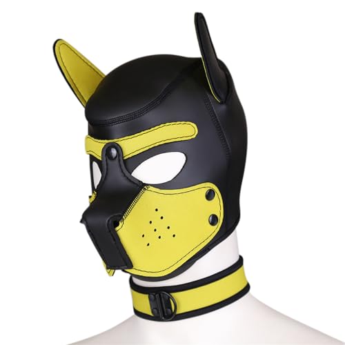 Neopren-Welpen-Kapuzenmaske mit Halsband, abnehmbare Cosplay-Hunde-Vollgesichts-Welpen-Haubenmaske, Halloween-Maske (gelb, groß) von OTEXIFIF