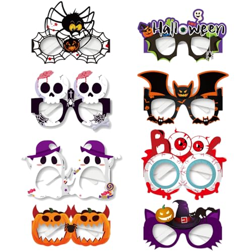 Halloween-Partybrille, 8 Stück, Papierbrillen, Spinnennetz, Fledermaus, Geist, Totenkopf, Kürbis, Hexenhut, Partybrille, Halloween-Kostüme, Zubehör für Foto-Requisiten, Geburtstagsparty-Zubehör von OTKARXUS